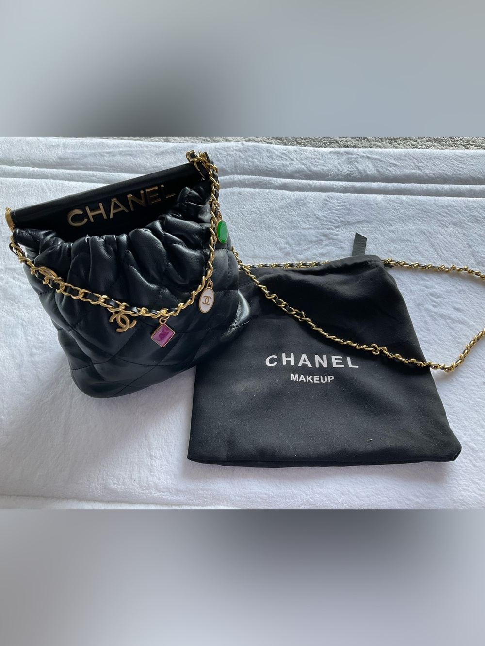 CHANEL VIP Gift Black Quilted Leather Crossbody Bag with Multicolor Charm Chain